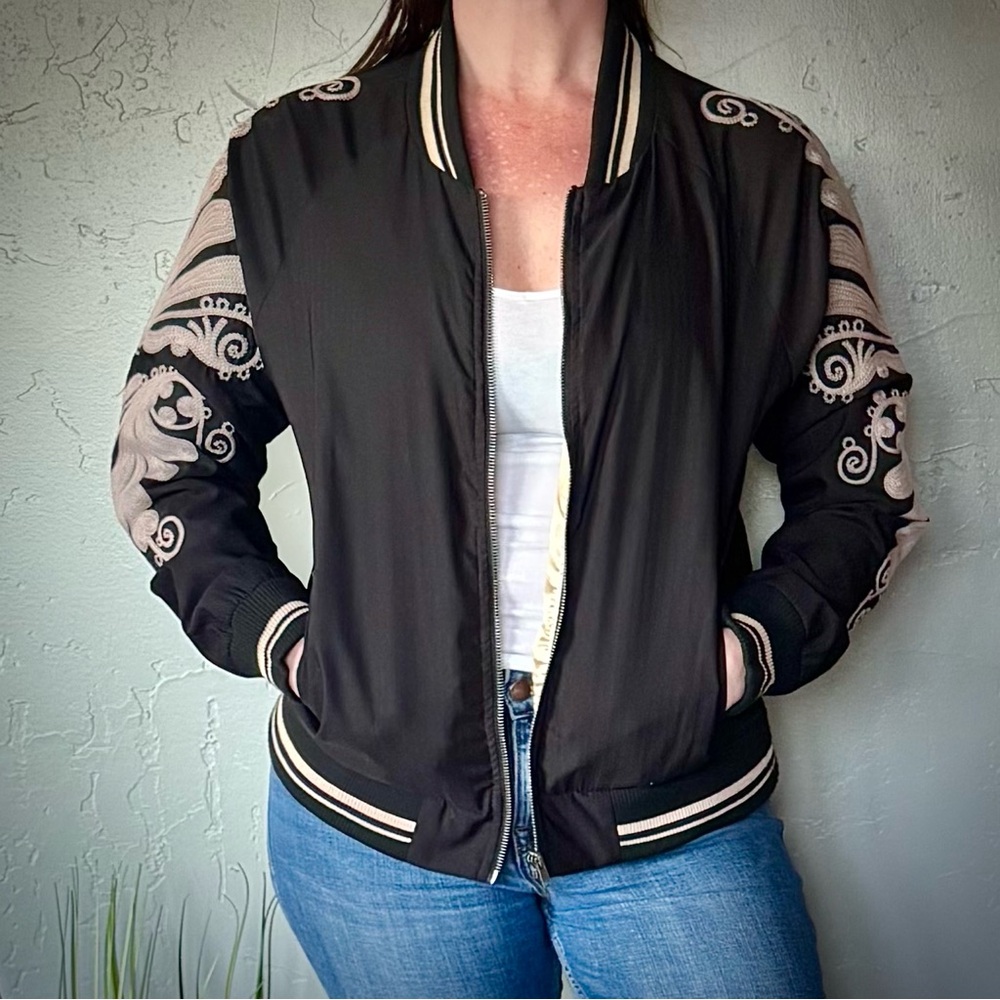 MM Vintage Black and Cream with Gold Lining Embroidered Bomber Jacket w/ Pockets